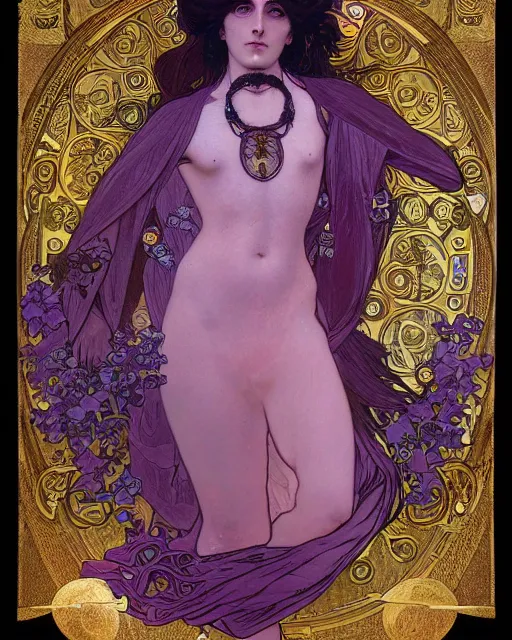 Prompt: thanatos, half-body, beautiful male god of death, long hair, wearing ornate violet clothes, gold jewelry, moon, by Alphonse Mucha, extremely detailed face, symmetry, very intricate, 4k, illustration