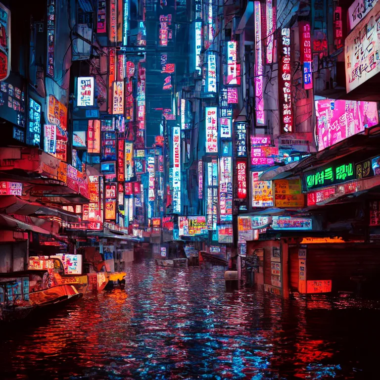 Image similar to cyberpunk flooded rainy south korea, seoul, man in small row boat, reflections, cinematic lighting, photorealistic, trending on artstation, storefronts made of neon lights, hyper realistic rendering photography, unreal 5 engine render, ultra wide angle, long shot, 8 k