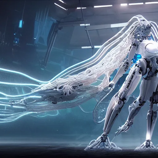 Image similar to biomechanical mecha white mermaid underwater, rays of light. Style of westworld, cables, lights, searchlight, weta digital, octane render, insane details, ultra realistic, beatifully lit, reflections