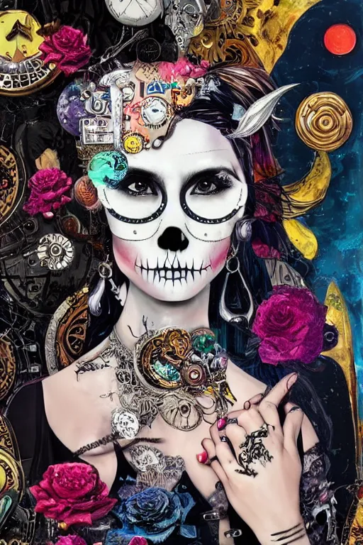 Prompt: Moon Goddess, contemporary, collage, maximalist style, digital painting, 4k, HDR, moon, skull, punk, steampunk, fashion, soft, vintage sharp focus, art by Sandra Chevrier, John Hoyland, teamLab