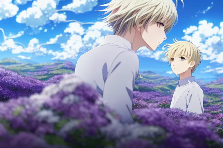 Image similar to a vast scene, panorama distant view, anime art full body portrait character concept art, hyper detailed scene render of a boy and a white lion, anime key visual of violet evergarden, finely detailed perfect face delicate features directed gaze, in the white clouds fairyland, trending on pixiv fanbox, violet evergarden, studio ghibli, james jean, extremely high quality artwork