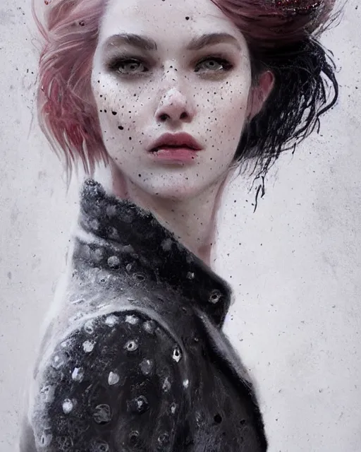 Prompt: olivia wearing a jacket made from animal horns, half body portrait, 3 d animation, black hair, freckles, pale skin, photo by greg rutkowski, risque fashion, female beauty, intricate detail, elegance, sharp shapes, soft lighting, vibrant colors, masterpiece
