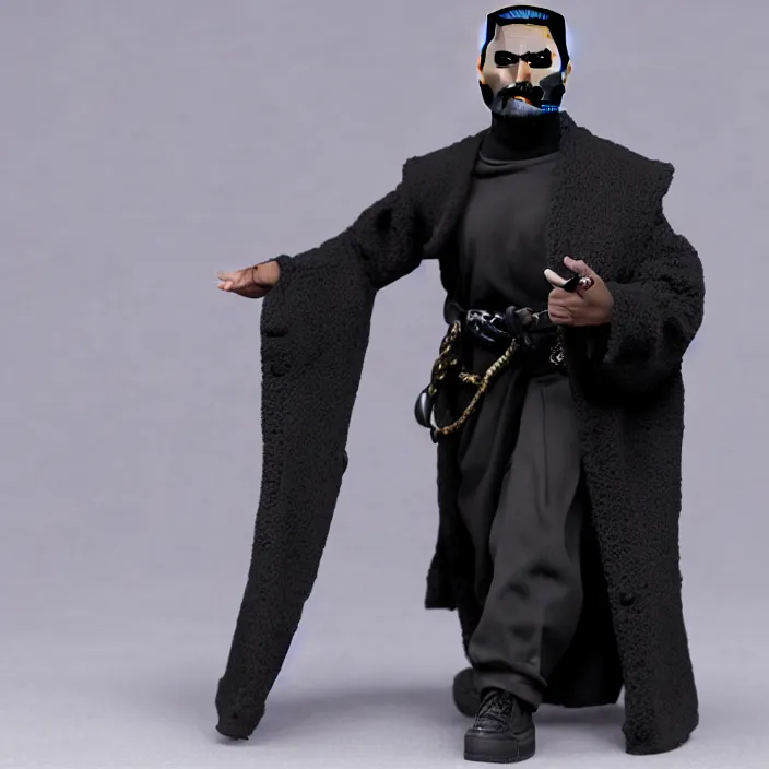 Image similar to a hot toys figure of kanye west using a black religious - themed face - covering mask with jesus graphics designed by pierre - louis auvray made of cloth, a black shirt, a blue puff undersized round jacket and black rubber boots, figurine, detailed product photo