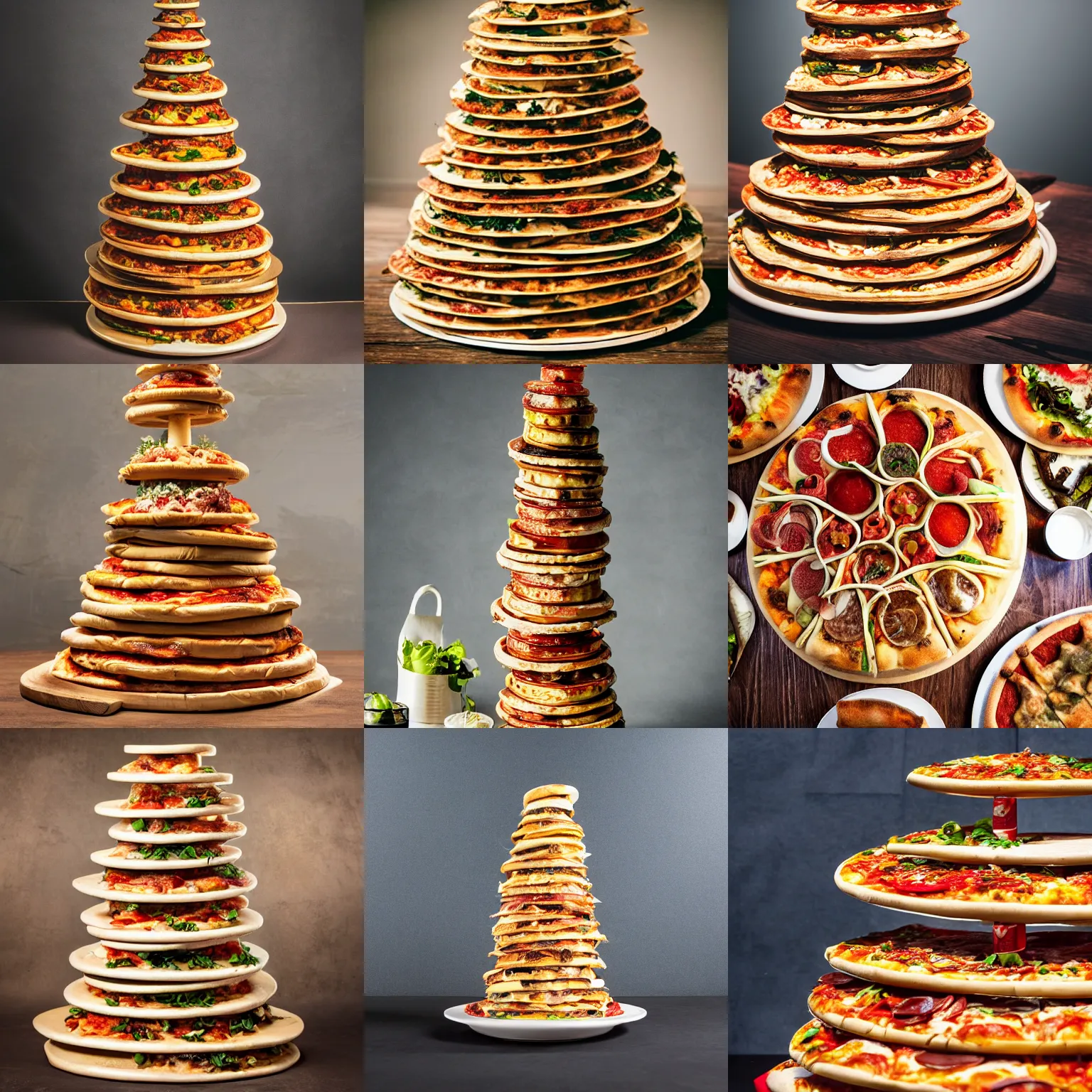 Prompt: a spiral tower made of pizza, on a table, professional food photography
