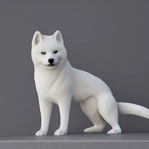 Image similar to studio photo of a marble sculpture, in the shape of a shiba inu. photorealistic, minimalist, ultra detailed.