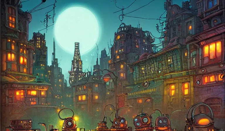 Prompt: fantasycore. magic the gathering art. street view of 1950s machinarium cityscape at night by michael whelan and naomi okubo and dan mumford. cute 1950s robots. cel-shaded. glossy painting.