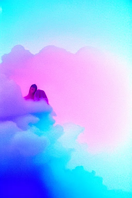 Image similar to high quality pastel coloured film close up wide angle photograph of a model wearing clothing swimming on cloud furniture in a icelandic black rock!! environment in a partially haze filled dreamstate world. three point light, rainbow. photographic production. art directed. pastel colours. volumetric clouds. pastel gradient overlay. waves glitch artefacts. extreme facial clarity. 8 k. filmic.