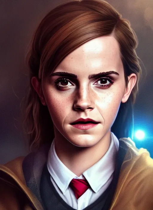 Image similar to portrait of Emma Watson wearing a hogwarts school outfit as a character from Cyberpunk 2077, looking at camera, intricate, elegant, sci-fi, extremely detailed, digital painting, artstation, concept art, smooth, sharp focus, illustration, ambient lighting, incredible art by artgerm and greg rutkowski and alphonse mucha and simon stalenhag