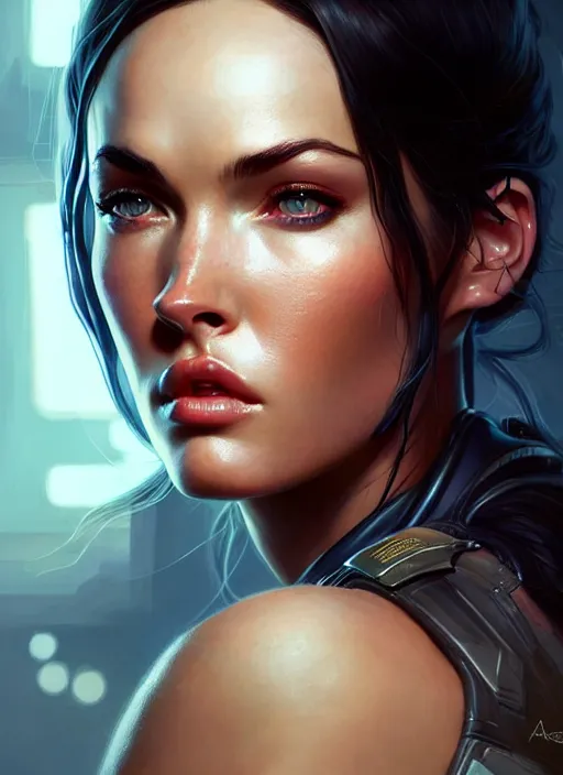 Image similar to portrait of apex legends megan fox, intricate, elegant, glowing lights, highly detailed, digital painting, artstation, glamor pose, concept art, smooth, sharp focus, illustration, art by artgerm and greg rutkowski, artey freytag