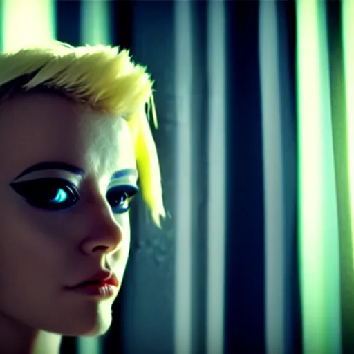 Image similar to beautiful android peeking at you though the curtains, short spiky blonde hair, cyberpunk outfit, still from closed circuit tv footage