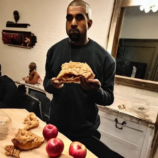 Image similar to bald kanye west eating apple pie on thanksgiving