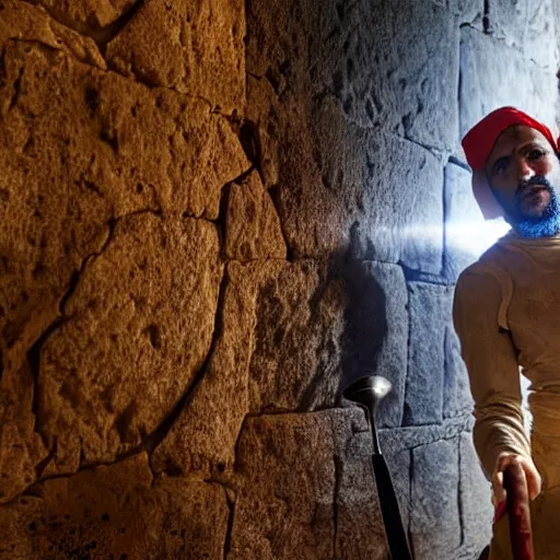 Prompt: award winning cinematic still of 40 year old Mediterranean skinned man in Ancient Canaanite clothing fixing a ruined, crumbled wall in Jerusalem, holding a sword and a chisel, dramatic lighting, nighttime, strong shadows, bright red hues, directed by Jordan Peele