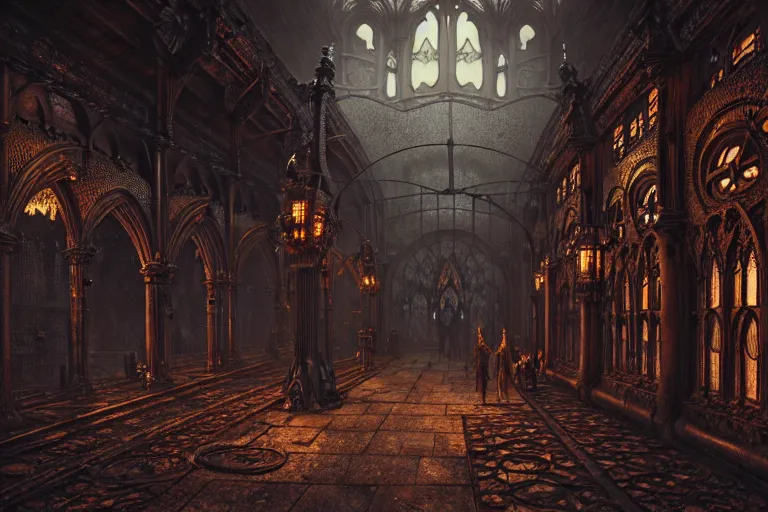 Image similar to steam necropolis, memento mori, gothic, neo - gothic, art nouveau, hyperdetailed copper patina medieval icon, stefan morrell, philippe druillet, ralph mcquarrie, concept art, steampunk, unreal engine, detailed intricate environment, octane render, moody atmospherics, volumetric lighting, ultrasharp, ominous, otherworldly