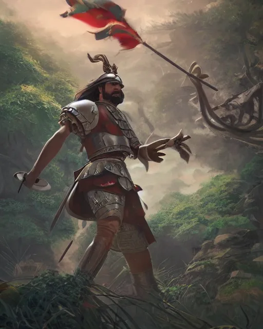 Image similar to ultrarealistic illustration of a spanish conquistador in battle, symmetrical, by daniel zrom and mingchen shen, studio ghibli color scheme, detailed, handsome, anatomy, sharp focus, photography, magic : the gathering, octane, cinematic lighting, facial features, jungle