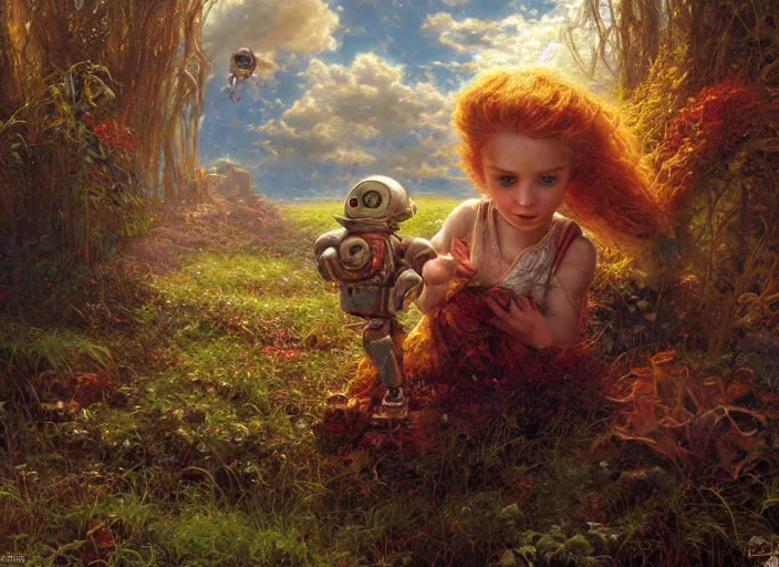 Image similar to a rusty broken down little robot, Lilia Alvarado, Sophie Anderson, Mark Arian, Bob Byerley, Charlie Bowater, Mark Brooks, Steve Henderson, Justin Gerard, Arthur Hughes, Edward Robert Hughes, Mark Keathley, Victor Nizovtsev, Carlos Shwabe, Ross Tran, WLOP