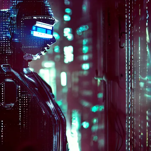 Image similar to portrait of cyber wolf, machine, cyberpunk, android, robot, mechanical parts, editorial photography, neons, blade runner, futuristic style, realistic bokeh and depth of field, award winning, establishing shot