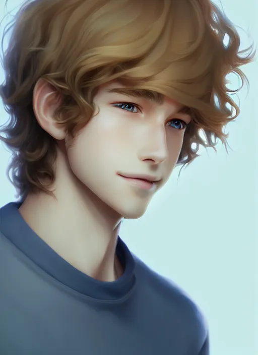 Image similar to young man with medium - length, curly, golden hair, perfectly proportioned face, aquamarine eyes, thin eyebrows, sweet smile, natural lighting, path traced, highly detailed, high quality, cartoon, digital painting, by new haicheng and studio ghibli