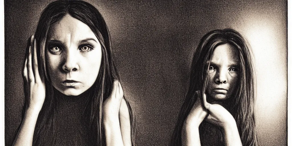 Image similar to The girl from the movie Ring, mezzotint, scary