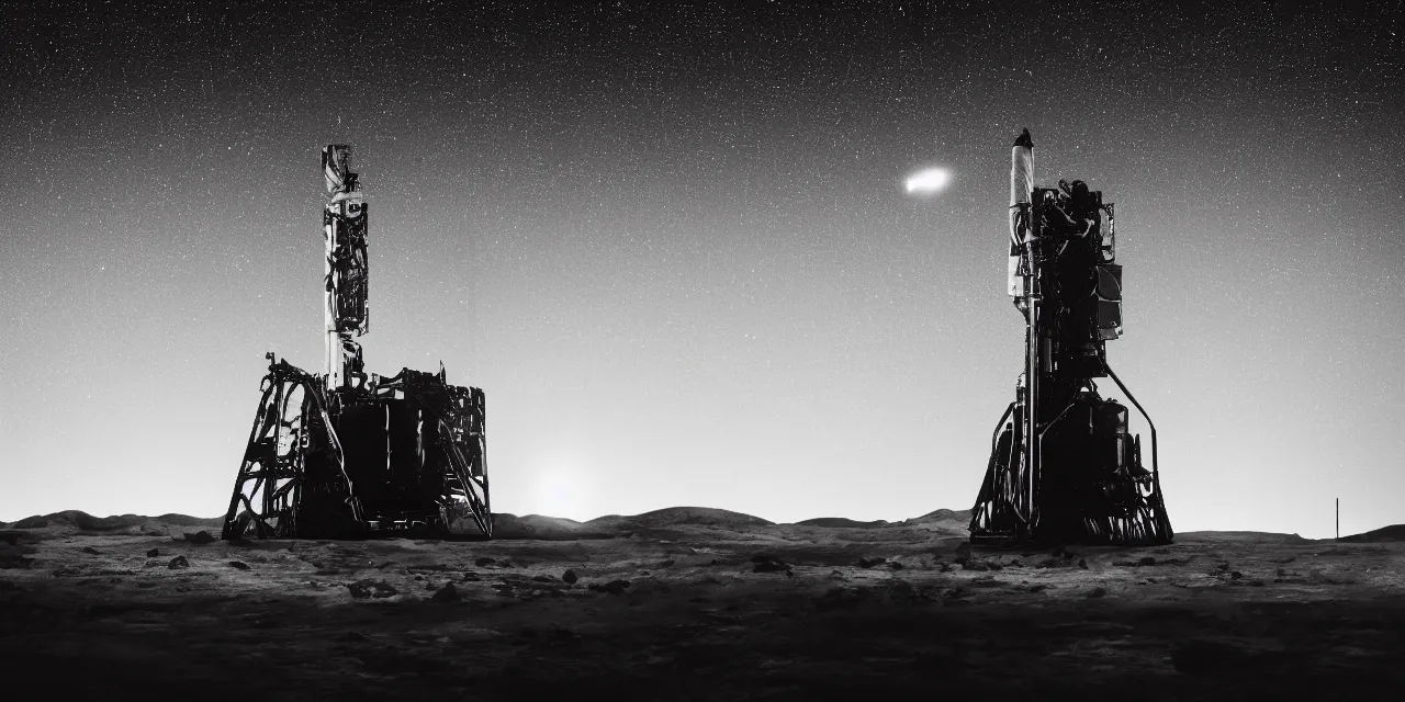 Prompt: black and white photo of a detailed rocket landing on bright mars, black background with glowing stars and satalites, cinematic film still, high contrast, astrophotography, 4 k, polaroid,