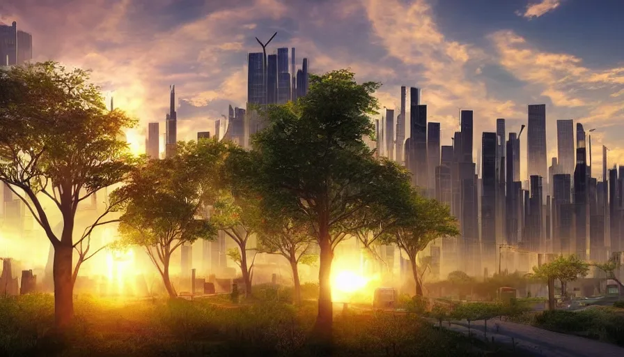 Image similar to photo of sunrise over a beautiful solarpunk city, many trees, flying cars, dramatic lighting, romantic, eco system, hyper realistic,