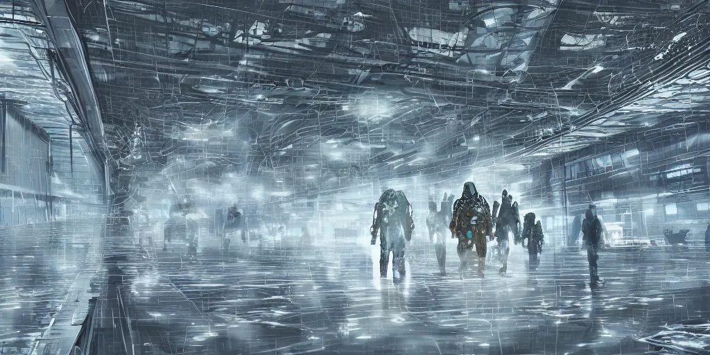 Image similar to sci - fi alien squad in wet cloaks, infiltrating on the ceiling of the mega - structure facility at midnight storm, lightning, digital art