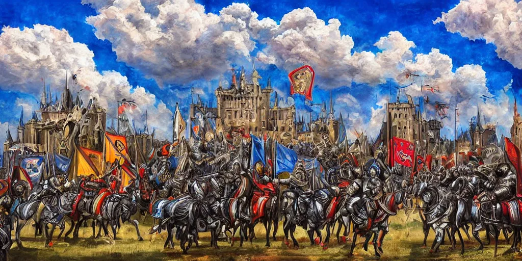 Prompt: h. r. giger style painting of medieval knights jousting, grand castle tournament grounds, colorful knight tents setup with unique sigils and banners, beautiful partly cloudy day