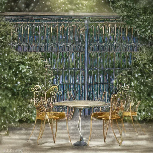 Image similar to delicate rain, symmetric artwork, chairs, garden, paved, botanic watercolors, iridescent, 8 k, realistic shaded, fine details, artstation, italian, iron gate, tree, mediterranean, marvelous