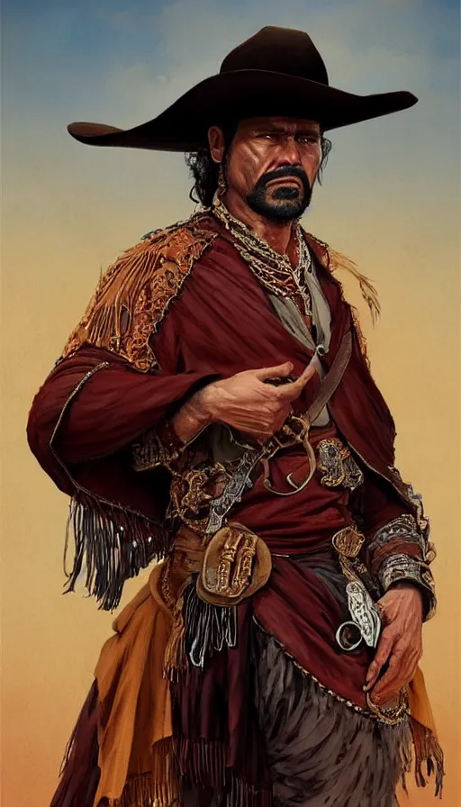 Image similar to ferocious bandido leader full body portrait, forajido cowboy, stern look, late xix century red and carmesi gaucho style, ornate poncho, steppe background, highly detailed, digital painting, character design, artstation, concept art, art by Artgerm, Greg Rutkowski, Craig Mullins, Stanley Artgerm Lau, WLOP, Ross tran, James Jean, red dead redemption, magic the gathering, digital art - W 640