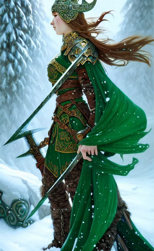 Image similar to emerald viking warrior, regal, elegant, winter, snow, beautiful, stunning, hd, illustration, epic, d & d, fantasy, intricate, elegant, highly detailed, wide angle, digital painting, artstation, concept art, smooth, sharp focus, illustration, wallpaper, art by artgerm and greg rutkowski and alphonse mucha and jin xiaodi