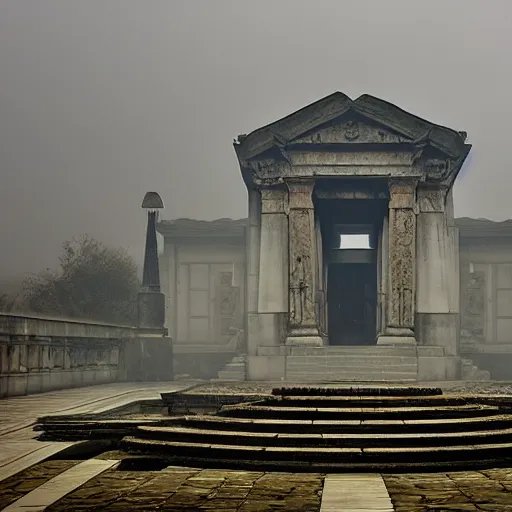 Prompt: Temple of knowledge, foggy entrance, mysterious architecture, clouds at entrance