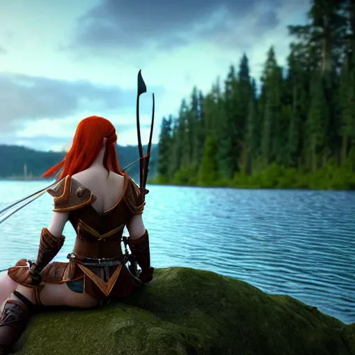 Image similar to beautiful female redhead elf warrior wearing tanned leather and a longbow bow and quiver on her back, sitting next to a beautiful lake at sunset, enjoying the wind, looking at the water. 8 k ultra realistic, award winning, unreal engine 5, masterpiece, atmosphere glow, hyperrealistic, focused, extreme details, cinematic