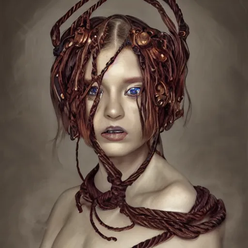 Image similar to portrait of a Shibari rope wrapped face and neck, headshot, insanely nice professional hair style, dramatic hair color, digital painting, of a old 15th century, young cyborg Rubber Nun, amber jewels, baroque, ornate clothing, scifi, realistic, hyperdetailed, chiaroscuro, concept art, art by Franz Hals and Jon Foster and Ayami Kojima and Amano and Karol Bak,