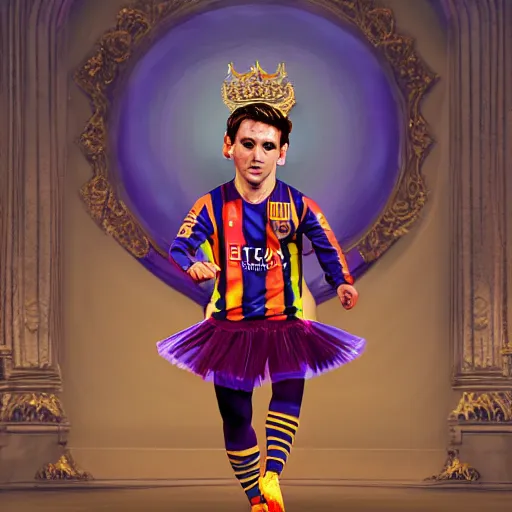 Prompt: lionel messi wearing tutu dancing ballet on the Odessa Opera Theatre stage, epic, trending on artstation, cinematic lighting, anatomically correct