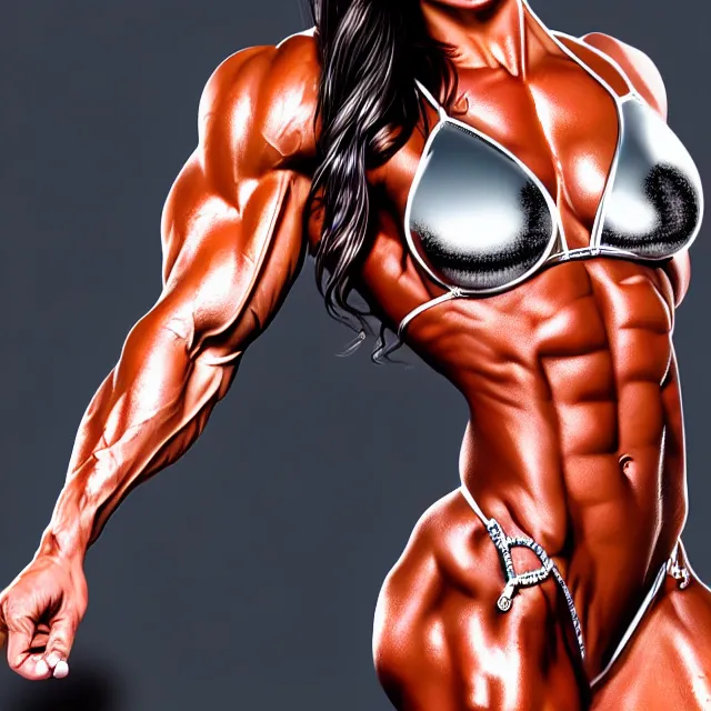 Image similar to ifbb bikini model, chrome, highly detailed, 4 k, hdr, smooth, sharp focus, high resolution, award - winning photo, artgerm, photorealistic