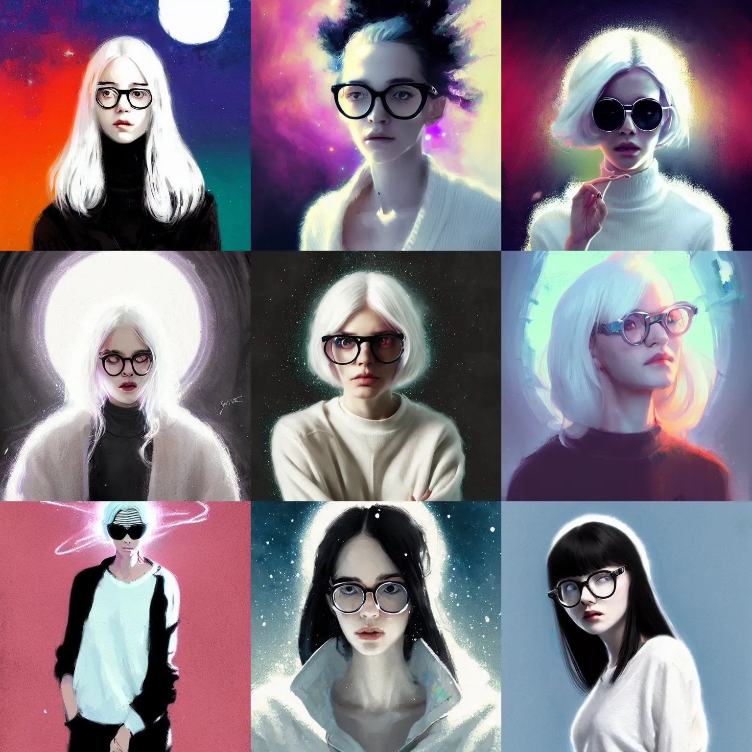 Prompt: cute girl in white sweater white hair black glasses standing psychedelic background by greg rutkowski art