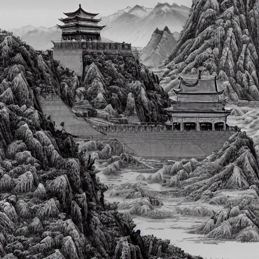 Image similar to ancient chinese fortress in the mountains of xi\'an, desert environment, mountainous gobi desert historic woodcut-styled artwork from ancient china hyperdetailed, artstation trending, world renowned artists, worth1000.com, historic artworks society, antique renewel, cgsociety, by greg rutkowski, by Gustave Dore, Deviantart