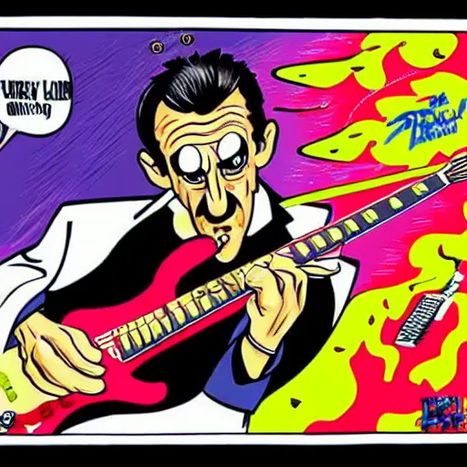 Prompt: Barry Chuckle Shredding on an electric guitar in the style of Jason Edmiston and Gary Panter