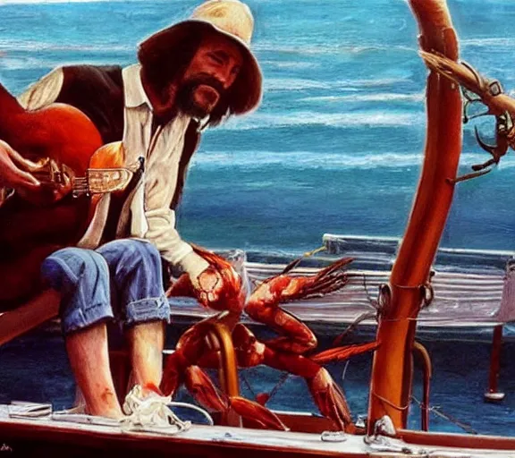 Image similar to Tom hanks as forrest gump sitting in a giant shrimp boat, majestic beautiful world, realism painting, amazing detail