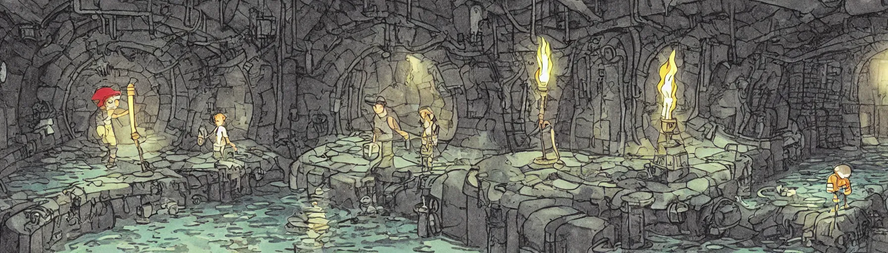 Prompt: scene from studio ghibli's sewer adventures where the wizard stands in a waist - deep river holding a torch in a long twisting sewer tunnel. underground, crumbling masonry, sewage falling from grates.