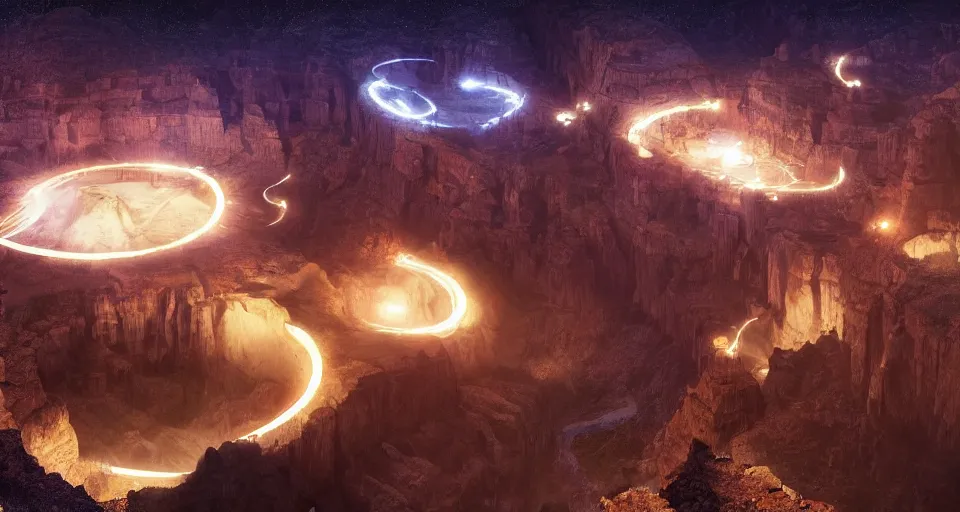 Prompt: night, a lot of people and a spiral - shaped white luminous attractor is floating in grand canyon, concept art, art for the game, professional lighting, art