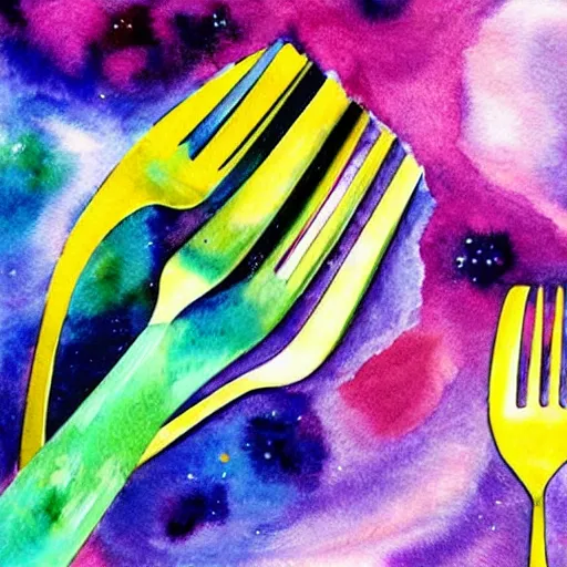 Prompt: plates and forks in space. watercolor. vibrant. amazing painting. beautiful. high resolution. highly realistic. cool tones. close - up.