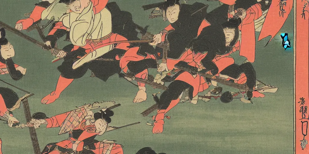 Image similar to ukiyo - e style painting of heavily armored samurai fighting in fierce battle in a beautiful forest