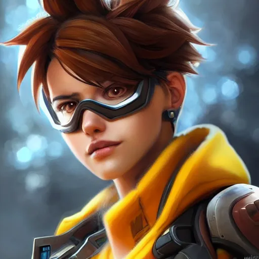 Prompt: tracer overwatch portrait, close up, concept art, intricate details, highly detailed photorealistic portrait by michael komarck, joel torres, seseon yoon, artgerm and warren louw