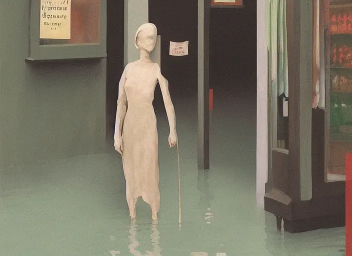 Image similar to woman in a translucent clothing made from plastic bag with paper bags for clothes standing inside paper bags with paper bag over the head at store display on flooded night street Edward Hopper and James Gilleard, Zdzislaw Beksinski, highly detailed