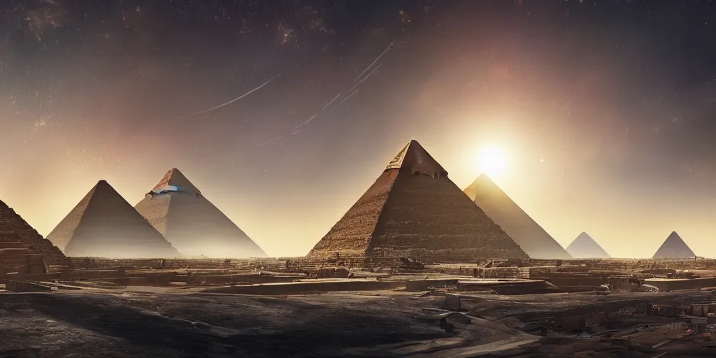 Prompt: a beautiful view of a spaceport at the pyramids, matte painting, cinematic lighting, hyper - detailed, 4 k, scifi