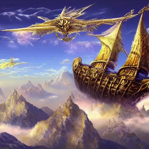 Prompt: fantasy crystal magic skyship flying over dramatic landscape, highly detailed, beautiful