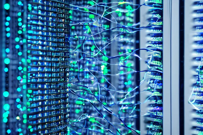 Prompt: a macro closeup photo of a datacenter server with many fiberoptic network cables connected, blurry background, f 2. 8, artstation, photography, blue lighting, 4 k hdr