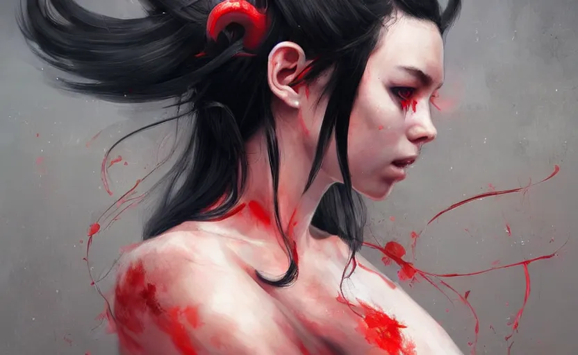 Image similar to a painting of aki trending on artstation in the style of greg rutkowski, beautiful, sensual, natural skin, red horns on head, long black hair