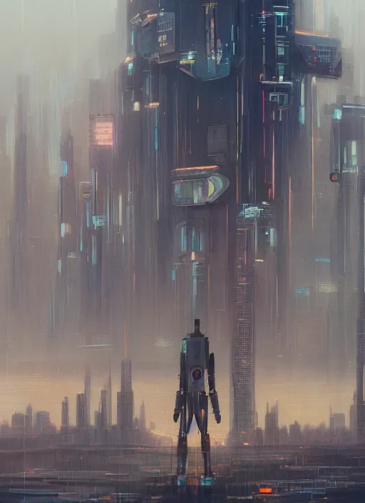 Image similar to a painting of a giant robot standing in front of a city, cyberpunk art by mike winkelmann, behance contest winner, nuclear art, dystopian art, apocalypse art, sci - fi