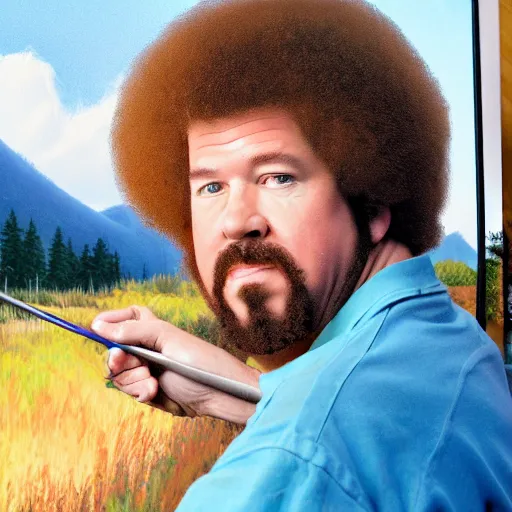 Image similar to a closeup photorealistic photograph of bob ross working on an image of kenny powers baseball bat paintbrush on a canvas. mountains and trees. film still. brightly lit scene. this 4 k hd image is trending on artstation, featured on behance, well - rendered, extra crisp, features intricate detail, epic composition and the style of unreal engine.